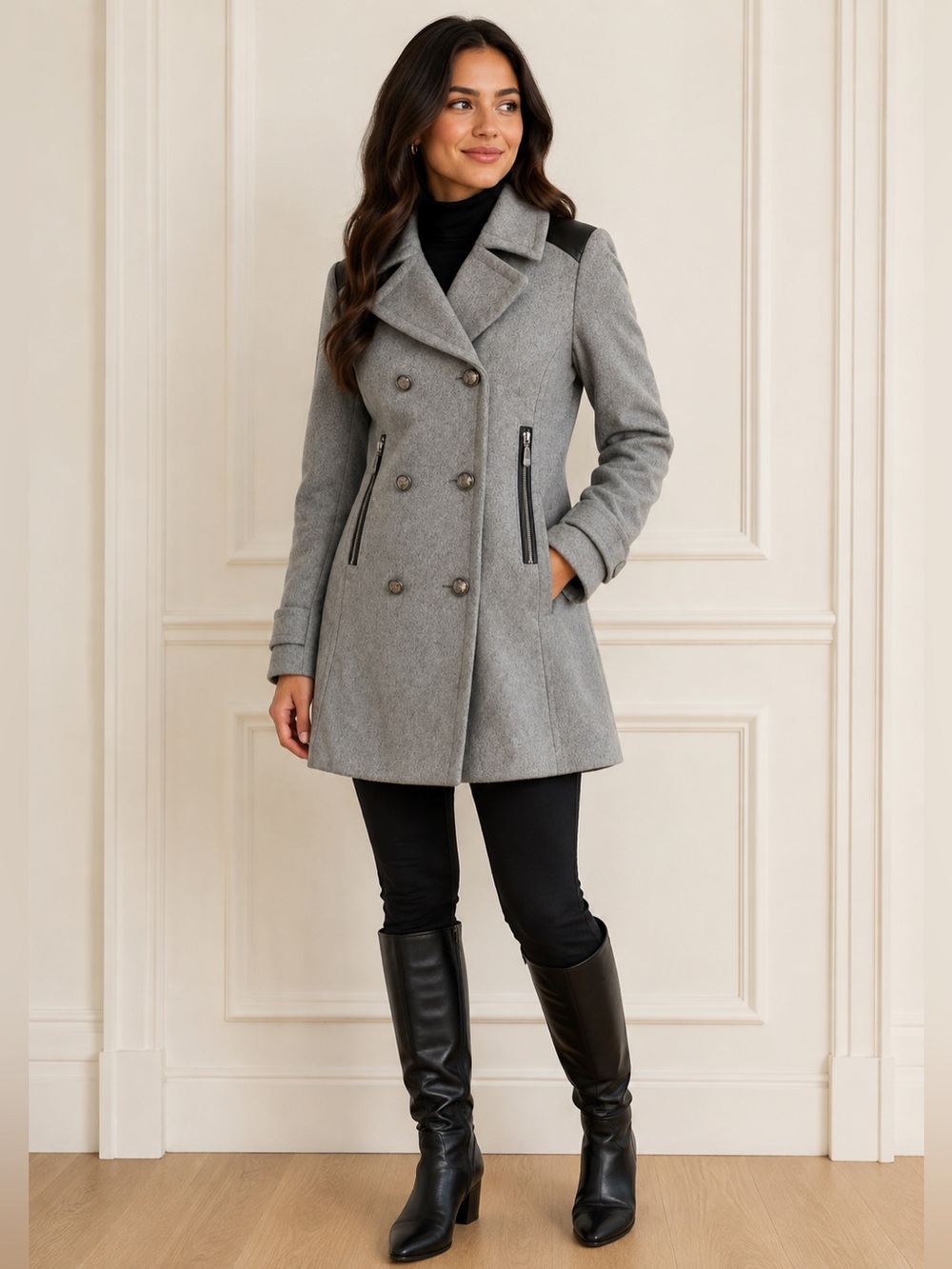 Vince Camuto Women's Sz XS Wool Blend Gray Double Breasted Coat w/ Faux Leather